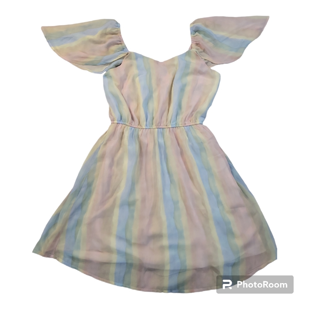 Andree By Unit Small Womens Dress Pastel Rainbow Flutter Sleeve Flowy EUC
